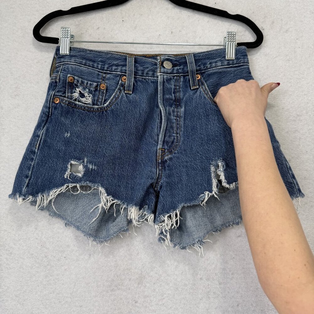 Levis Cut-Off Denim Shorts Womens W25 Blue Ripped High Rise Button Fly Raw Hem - Picture 3 of 11